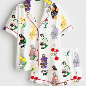 Womenâ€™s Birth Months Flower Cats Cute Cat Lover Print Short Sleeve Satin Pajama Set