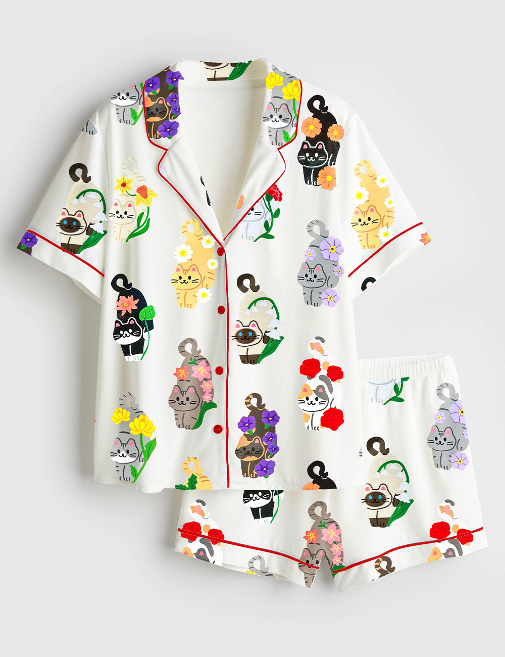 Womenâ€™s Birth Months Flower Cats Cute Cat Lover Print Short Sleeve Satin Pajama Set