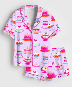 Women's Birthday Cakes Preppy Birthday Short Sleeve Satin Pajama Set