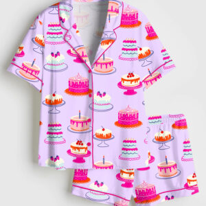 Women's Birthday Cakes Preppy Birthday Short Sleeve Satin Pajama Set