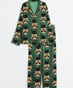 Women's Black Cat Drinking Coffee Long Sleeve Satin Pajama Set
