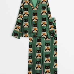 Women's Black Cat Drinking Coffee Long Sleeve Satin Pajamas Set