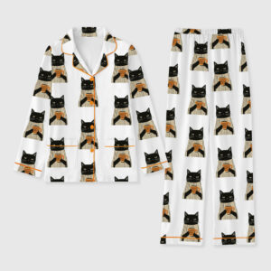 Women's Black Cat Drinking Coffee Pocket Cotton Pajama Set