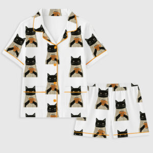Alternative view of Women's Black Cat Drinking Coffee Pocket Cotton Pajamas Set