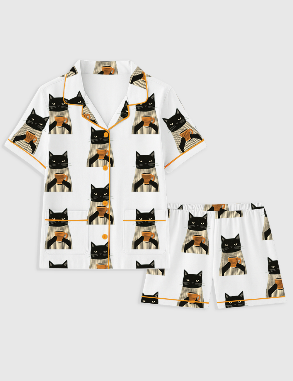 Women's Black Cat Drinking Coffee Pocket Cotton Pajamas Set - Image 2