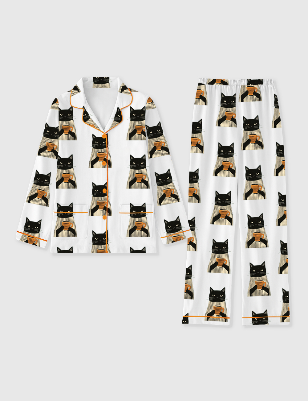 Women's Black Cat Drinking Coffee Pocket Cotton Pajamas Set