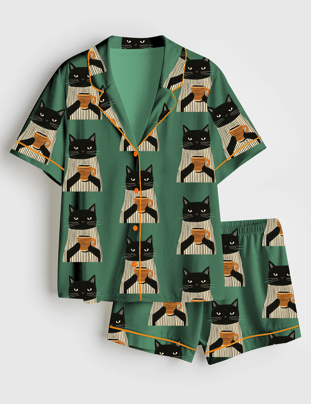 Women's Black Cat Drinking Coffee Satin Family Pajamas Set