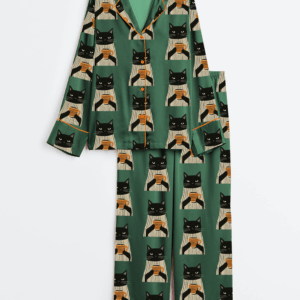 Alternative view of Women's Black Cat Drinking Coffee Satin Family Pajamas Set