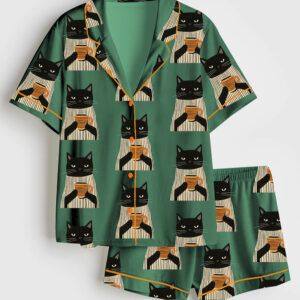 Alternative view of Women's Black Cat Drinking Coffee Short Sleeve Satin Pajamas Set