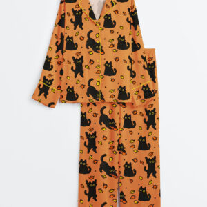 Womenâ€™s Black Cat Pouncing Leaves Cozy Fall Halloween Long Sleeve Satin Pajama Set