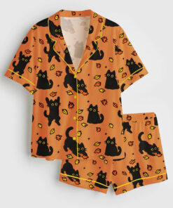 Women's Black Cat Pouncing Leaves Cozy Fall Halloween Short Sleeve Satin Pajama Set