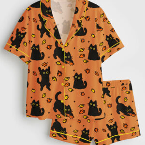 Womenâ€™s Black Cat Pouncing Leaves Cozy Fall Halloween Short Sleeve Satin Pajama Set