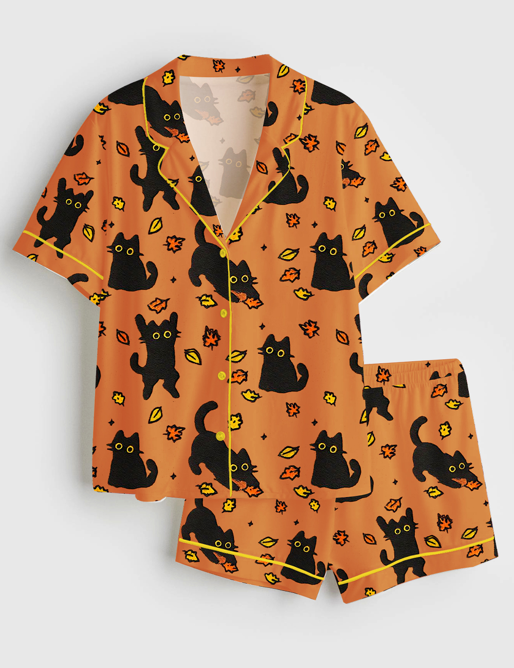 Womenâ€™s Black Cat Pouncing Leaves Cozy Fall Halloween Short Sleeve Satin Pajama Set