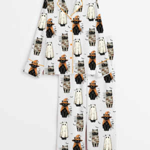 Women's Black Cat Pumpkin Ghosts Cat Halloween Long Sleeve Satin Pajama Set