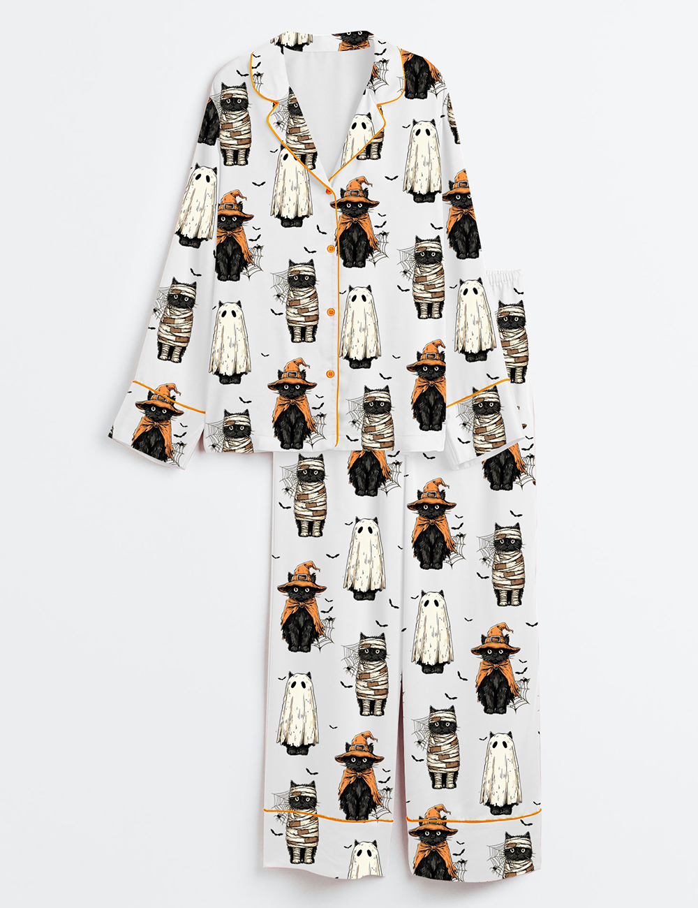 Womenâ€™s Black Cat Pumpkin Ghosts Cat Halloween Long Sleeve Satin Pajama Set