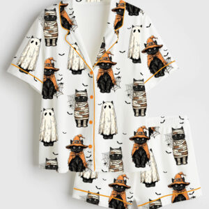 Womenâ€™s Black Cat Pumpkin Ghosts Cat Halloween Short Sleeve Satin Pajama Set