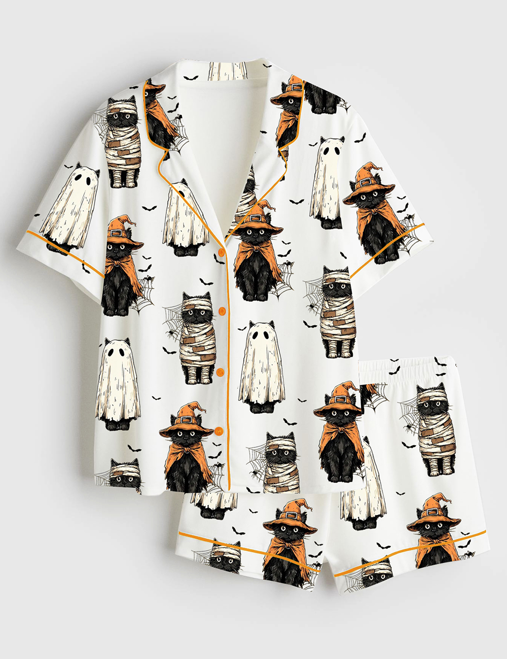 Womenâ€™s Black Cat Pumpkin Ghosts Cat Halloween Short Sleeve Satin Pajama Set