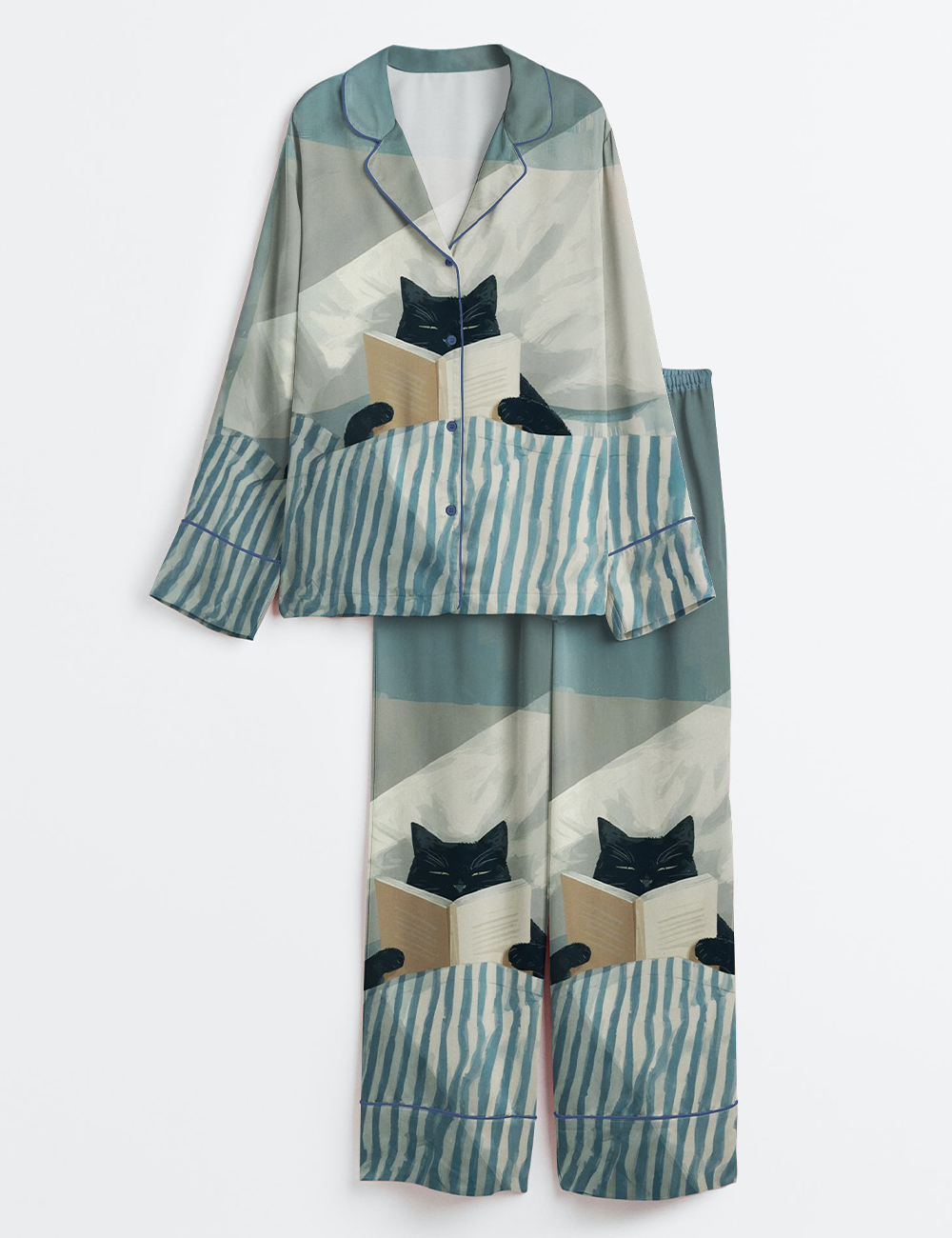 Women's Black Cat Reading Print Cozy Cat Book Lover Long Sleeve Satin Pajama Set