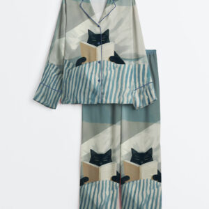 Womenâ€™s Black Cat Reading Print Cozy Cat Book Lover Long Sleeve Satin Pajama Set