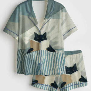 Womenâ€™s Black Cat Reading Print Cozy Cat Book Lover Short Sleeve Satin Pajama Set