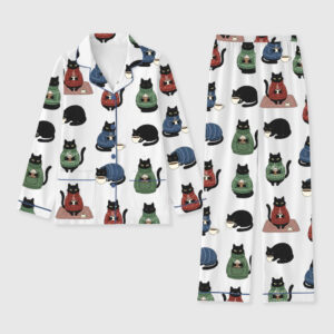Women's Black Cat Wears Christmas Sweater And Drinking Coffee Long Sleeve Pocket Cotton Family Pajama Set