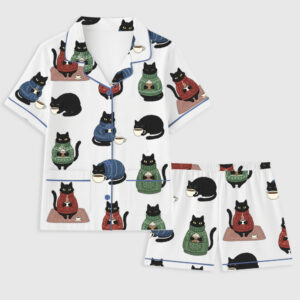 Women's Black Cat Wears Christmas Sweater And Drinking Coffee Short Sleeve Pocket Cotton Family Pajama Set