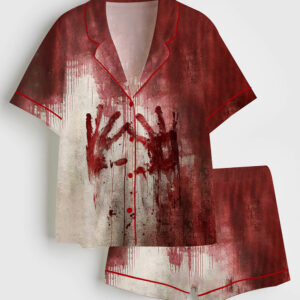 Women's Bloody Hands Horror Halloween Short Sleeve Satin Pajama Set
