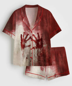Women's Bloody Hands Horror Halloween Short Sleeve Satin Pajama Set