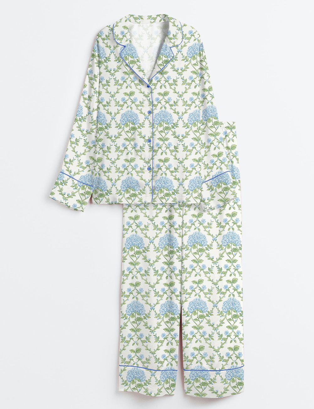 Womenâ€™s Blue And Green Hydrangea Long Sleeve Satin Pajama Set