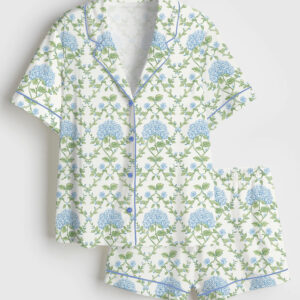 Womenâ€™s Blue And Green Hydrangea Short Sleeve Satin Pajama Set