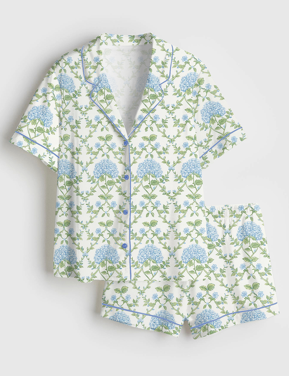 Womenâ€™s Blue And Green Hydrangea Short Sleeve Satin Pajama Set