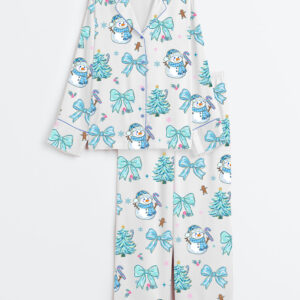 Women's Blue Brushstroke Snowman Winter Coquette Christmas Tree Long Sleeve Silky Satin Pajama Set