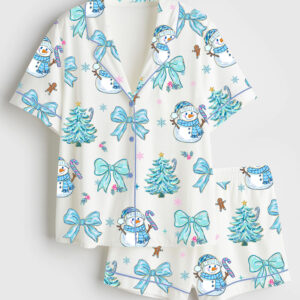 Women's Blue Brushstroke Snowman Winter Coquette Christmas Tree Short Sleeve Silky Satin Pajama Set