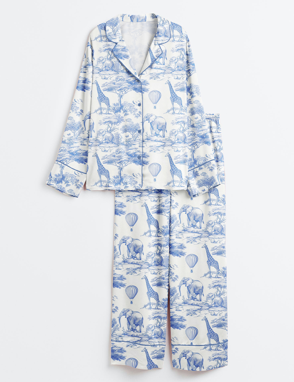 Women's Blue Chinoiserie Toile De Jouy Safari Elephant And Deer Print Long Sleeve Satin Pajama Set