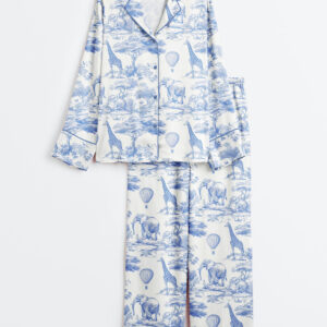 Womenâ€™s Blue Chinoiserie Toile De Jouy Safari Elephant And Deer Print Long Sleeve Satin Pajama Set