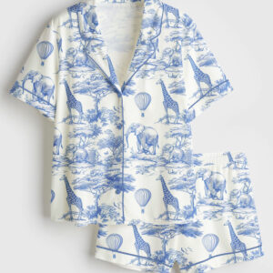 Womenâ€™s Blue Chinoiserie Toile De Jouy Safari Elephant And Deer Print Short Sleeve Satin Pajama Set