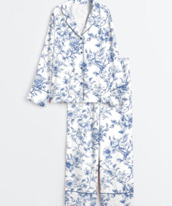 Women's Blue Flower French Style Light Blue & White Floral Print Long Sleeve Satin Pajama Set