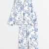 Women's Blue Flower French Style Light Blue & White Floral Print Long Sleeve Satin Pajama Set