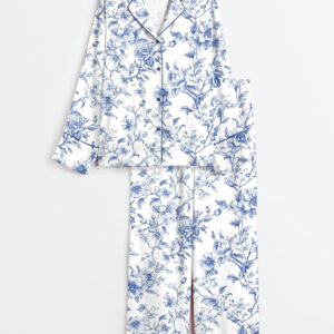 Women's Blue Flower French Style Light Blue & White Floral Print Long Sleeve Satin Pajamas Set