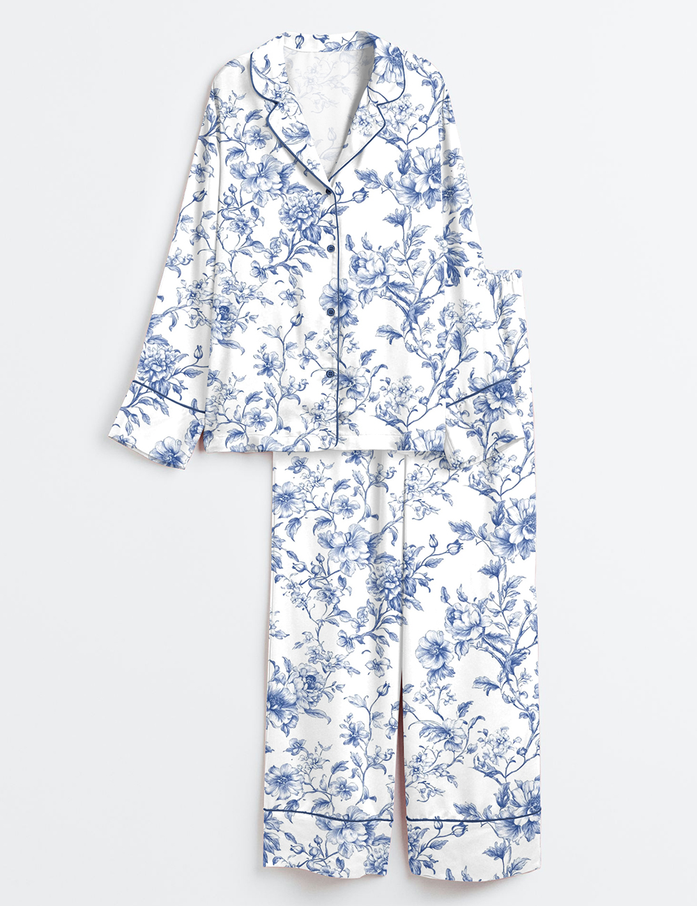 Women's Blue Flower French Style Light Blue & White Floral Print Long Sleeve Satin Pajamas Set