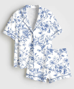 Women's Blue Flower French Style Light Blue & White Floral Print Short Sleeve Satin Pajama Set