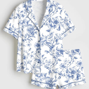 Womenâ€™s Blue Flower French Style Light Blue & White Floral Print Short Sleeve Satin Pajama Set
