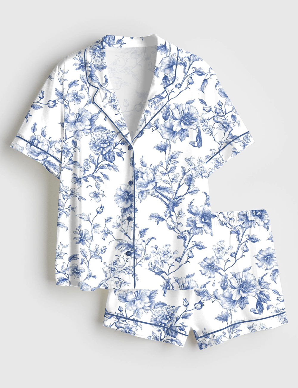 Womenâ€™s Blue Flower French Style Light Blue & White Floral Print Short Sleeve Satin Pajama Set