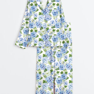 Women's Blue Hydrangea Floral Long Sleeve Satin Pajama Set