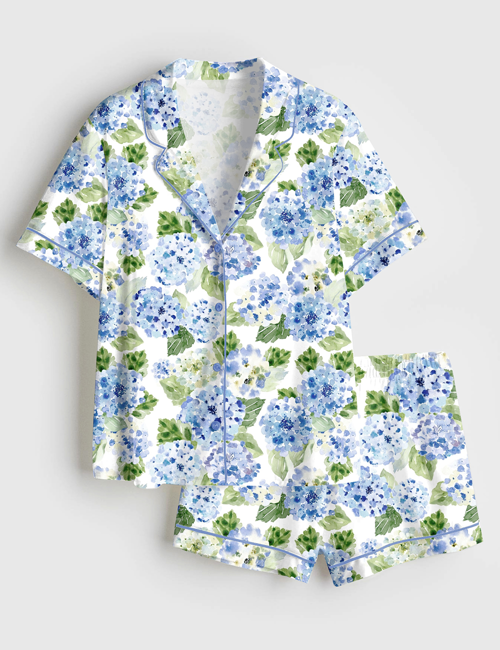 Womenâ€™s Blue Hydrangea Floral Short Sleeve Satin Pajama Set