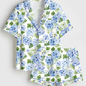 Women's Blue Hydrangea Floral Short Sleeve Satin Pajama Set