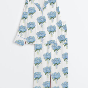 Women's Blue Hydrangea Long Sleeve Satin Pajama Set