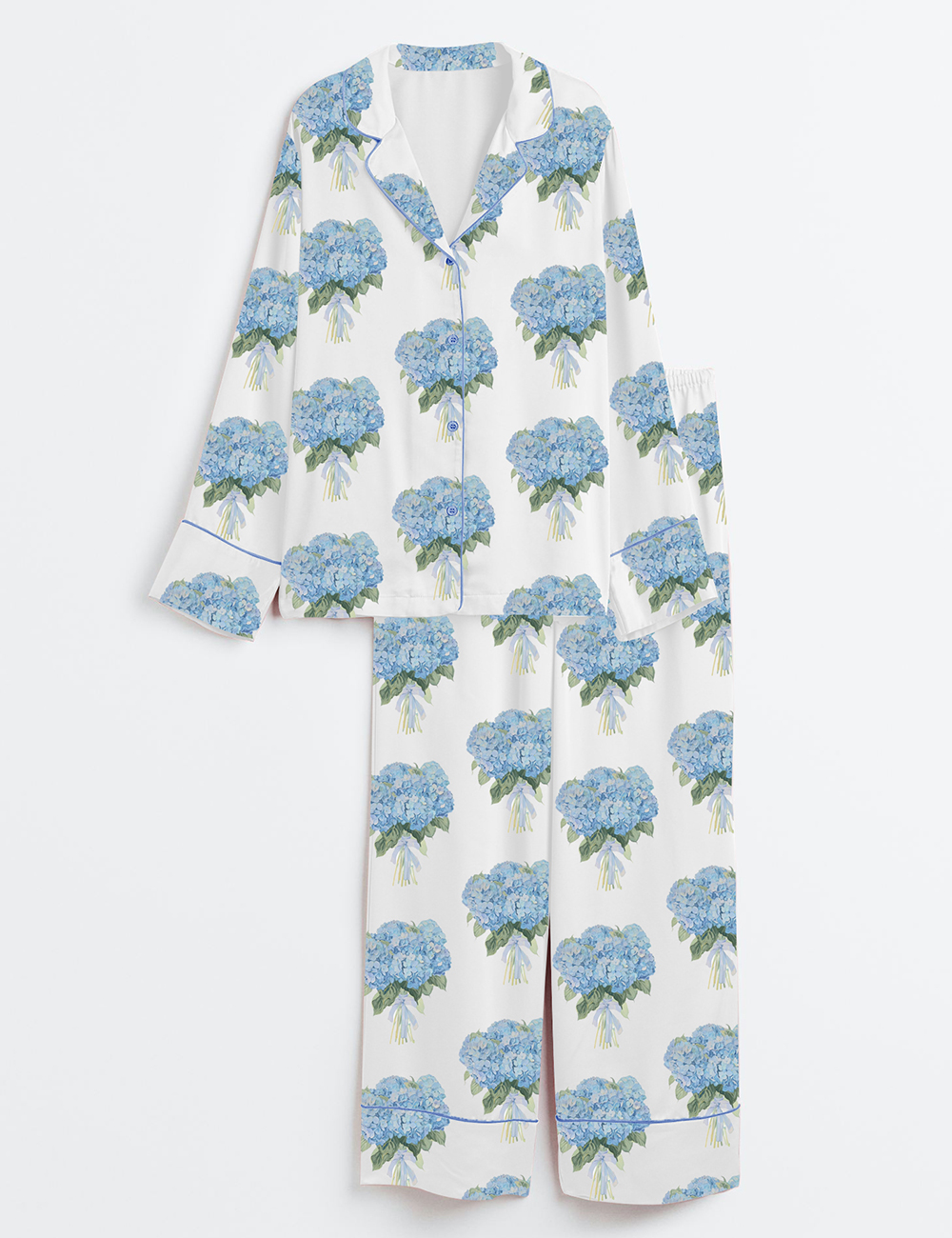 Women's Blue Hydrangea Long Sleeve Satin Pajama Set