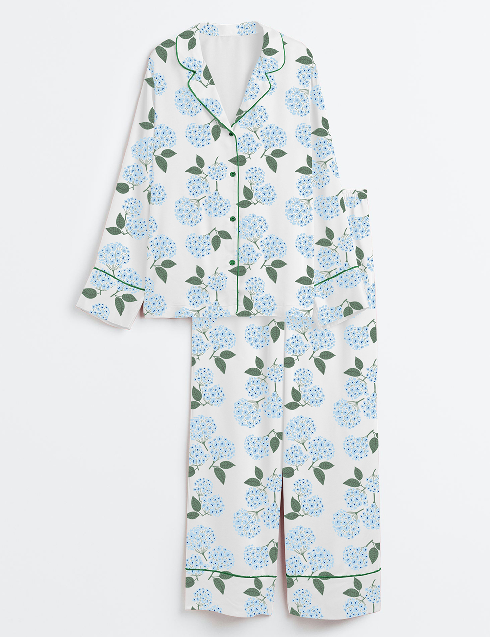 Women's Blue Hydrangea Nantucket Cottage Long Sleeve Satin Pajama Set