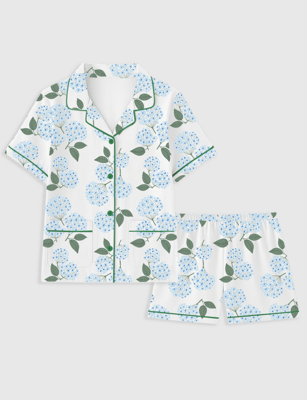 Women's Blue Hydrangea Nantucket Cottage Short Sleeve Pocket Cotton Pajama Set